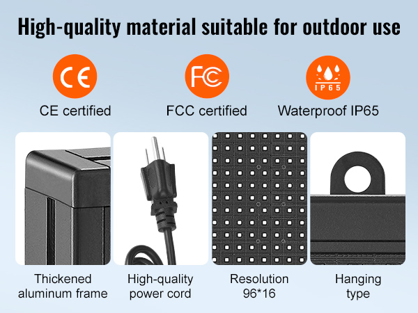 high-quality VEVOR programmable led sign, ce and fcc certified, waterproof ip65, durable aluminum frame.