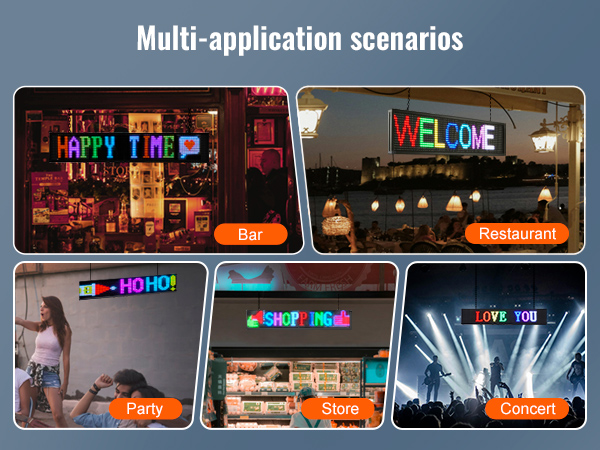 VEVOR programmable led sign for multi-application scenarios: bar, restaurant, party, store, concert.