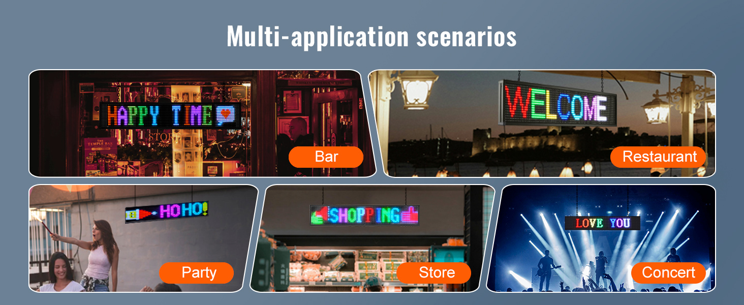 VEVOR programmable led sign for multi-application scenarios: bar, restaurant, party, store, concert.