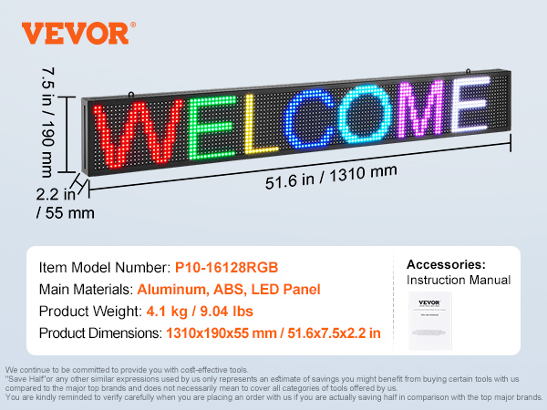 VEVOR programmable led sign, dimensions 1310x190x55 mm, displaying "welcome" in multicolored lights.