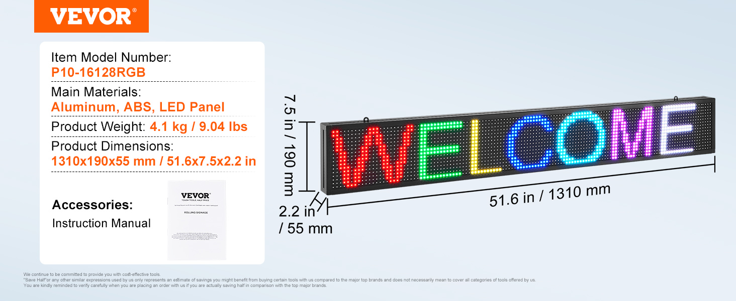 VEVOR programmable led sign, dimensions 1310x190x55 mm, displaying "welcome" in multicolored lights.