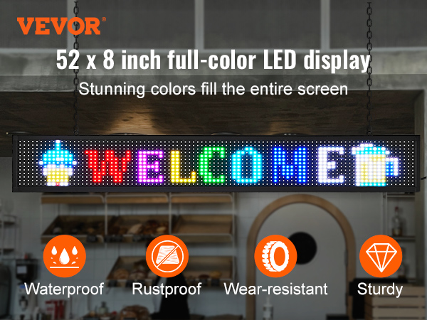 VEVOR programmable led sign with "welcome" message, waterproof, rustproof, wear-resistant, sturdy.