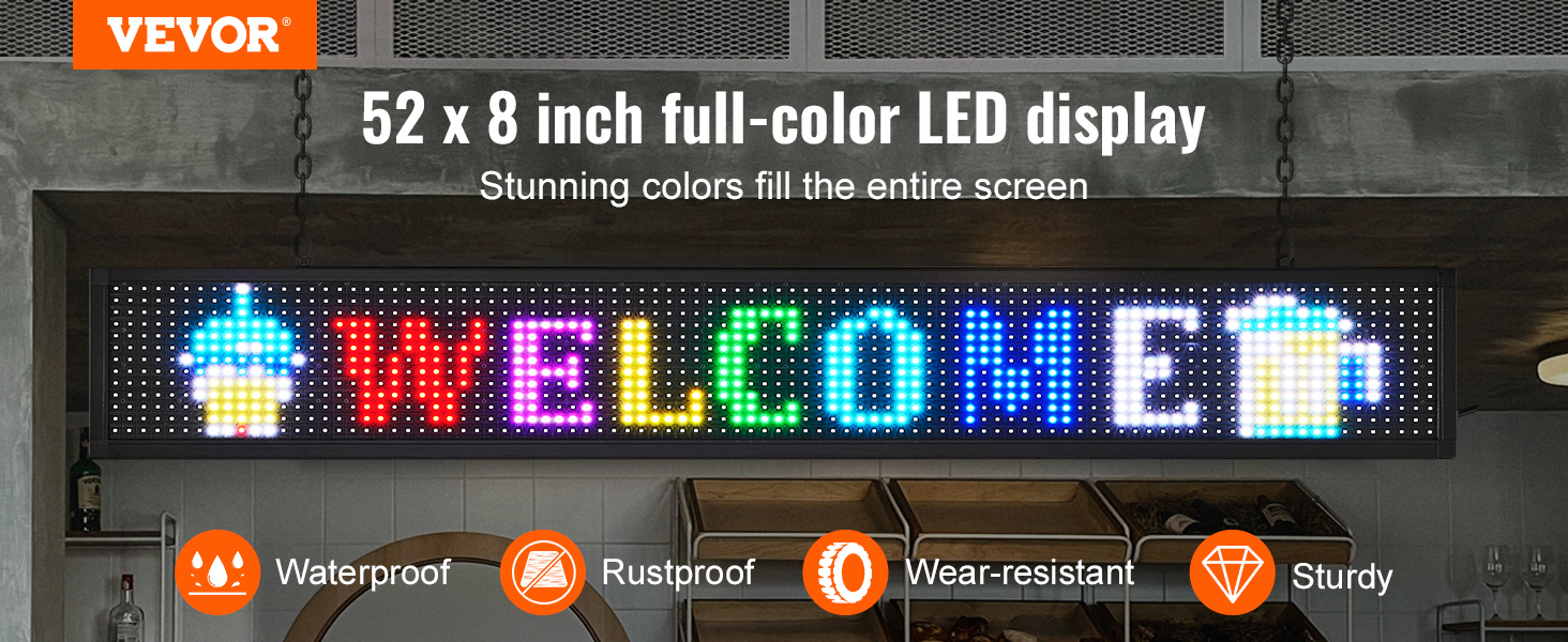 VEVOR programmable led sign with "welcome" message, waterproof, rustproof, wear-resistant, sturdy.