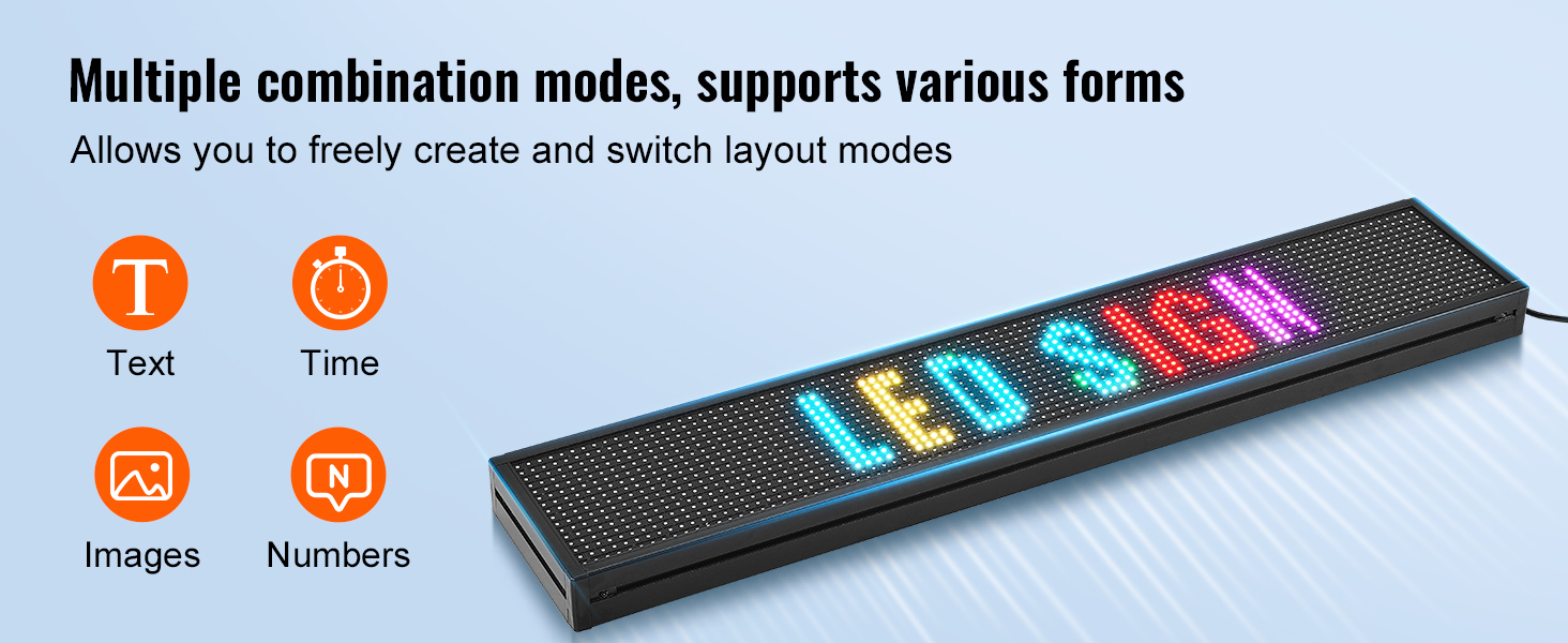 VEVOR programmable led sign with multiple modes: text, time, images, and numbers on a blue background.