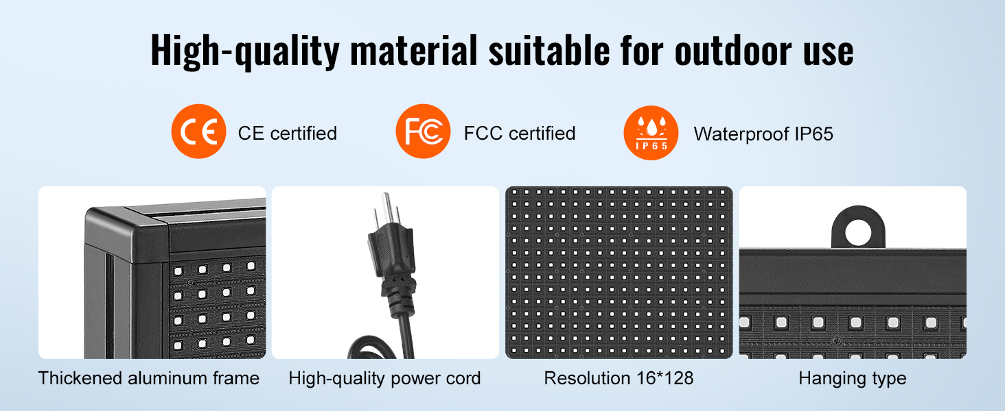 VEVOR programmable led sign with thickened aluminum frame, high-quality power cord, 16*128 resolution, ip65 rating.