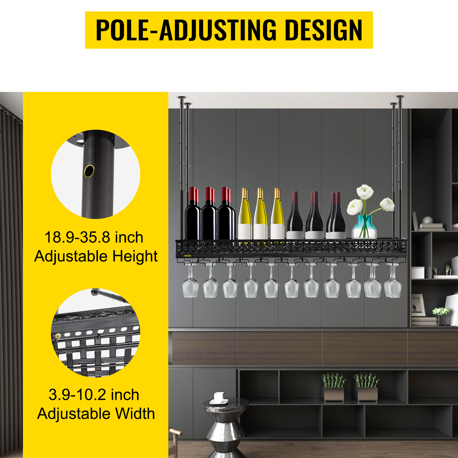 VEVOR ceiling wine glass rack with adjustable height and width, holding bottles and glasses.