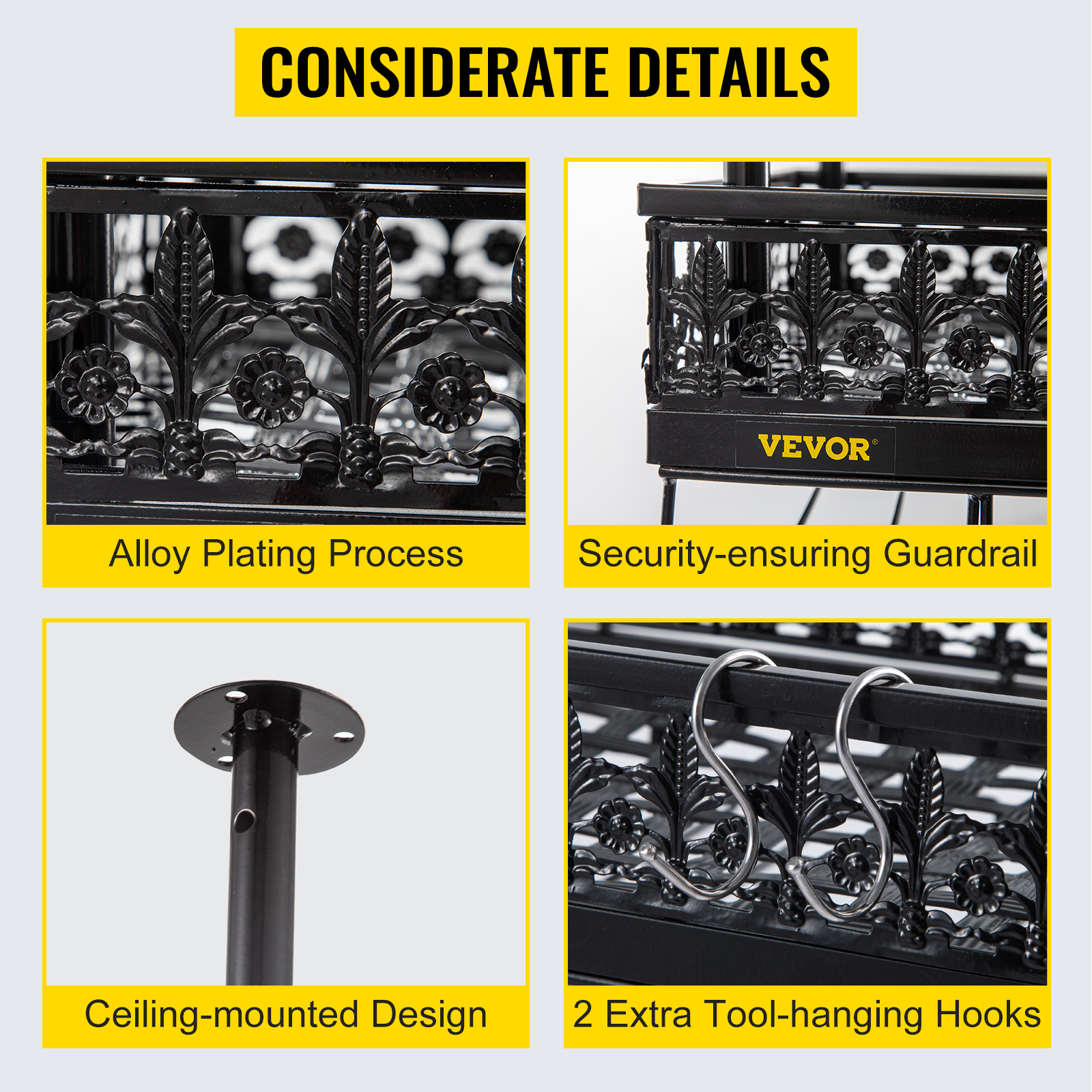 VEVOR ceiling wine glass rack with alloy plating, guardrail, and tool-hanging hooks.