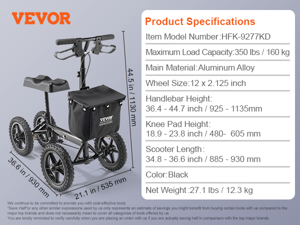 VEVOR knee scooter with aluminum alloy frame, 12-inch wheels, and adjustable handlebar height.