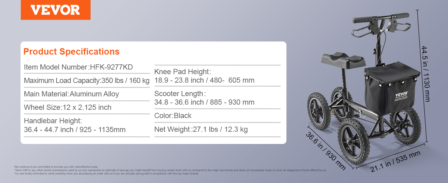 VEVOR knee scooter with aluminum alloy frame, 12-inch wheels, and adjustable handlebar height.
