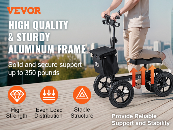 VEVOR knee scooter with sturdy aluminum frame supports up to 350 pounds, providing reliability and stability.