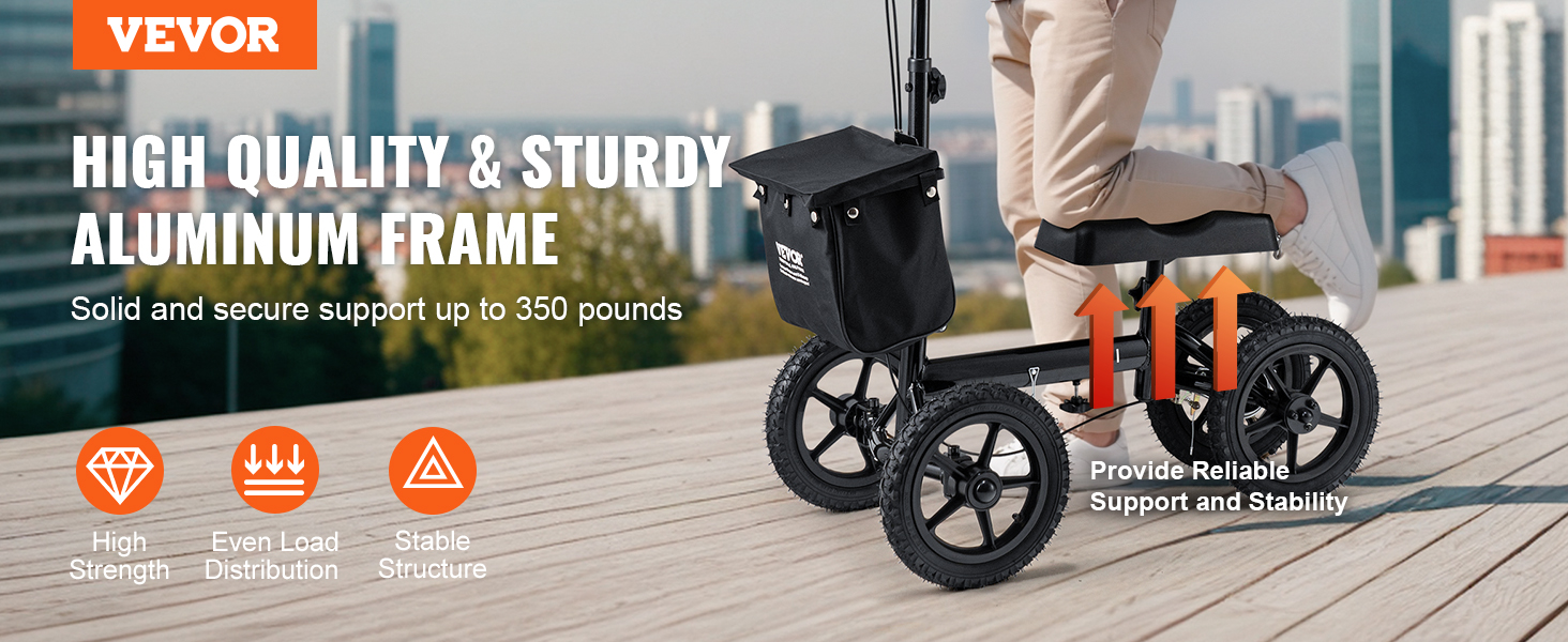 VEVOR knee scooter with sturdy aluminum frame supports up to 350 pounds, providing reliability and stability.
