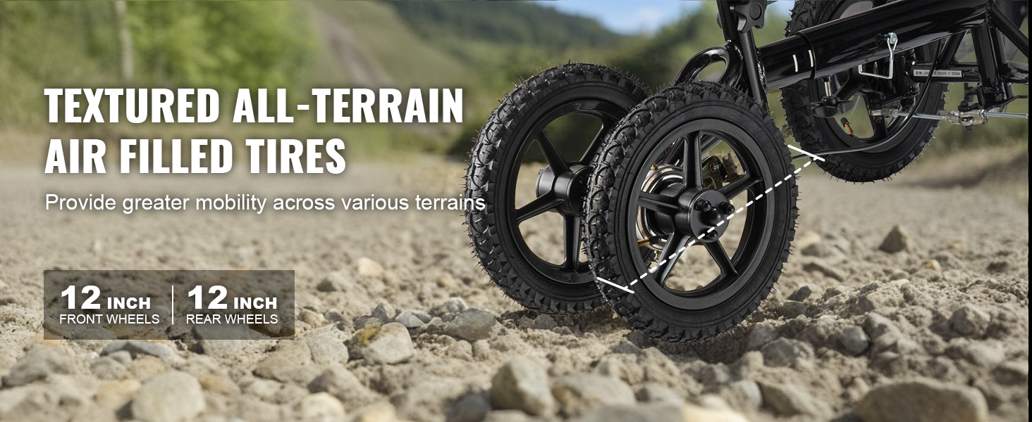 VEVOR knee scooter with 12-inch all-terrain air-filled tires for enhanced mobility on rugged terrain.