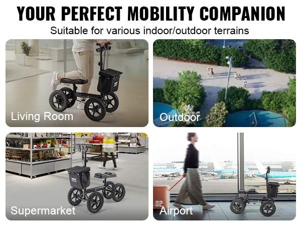 VEVOR knee scooter in various settings: outdoors, supermarket, airport, and living room.
