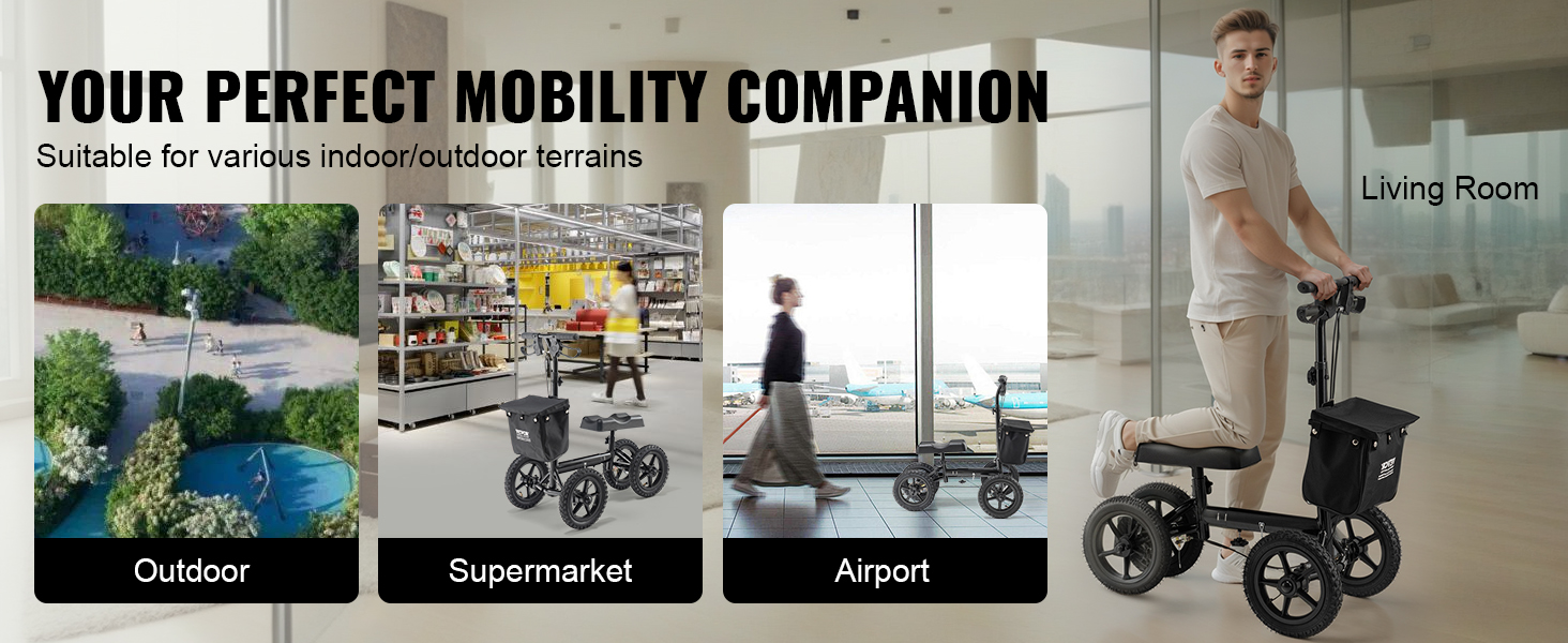 VEVOR knee scooter in various settings: outdoors, supermarket, airport, and living room.