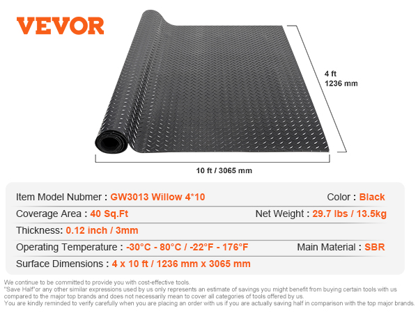 VEVOR diamond-plate rubber flooring roll, black, 4x10ft, 0.12in thick, 40 sq.ft. coverage.