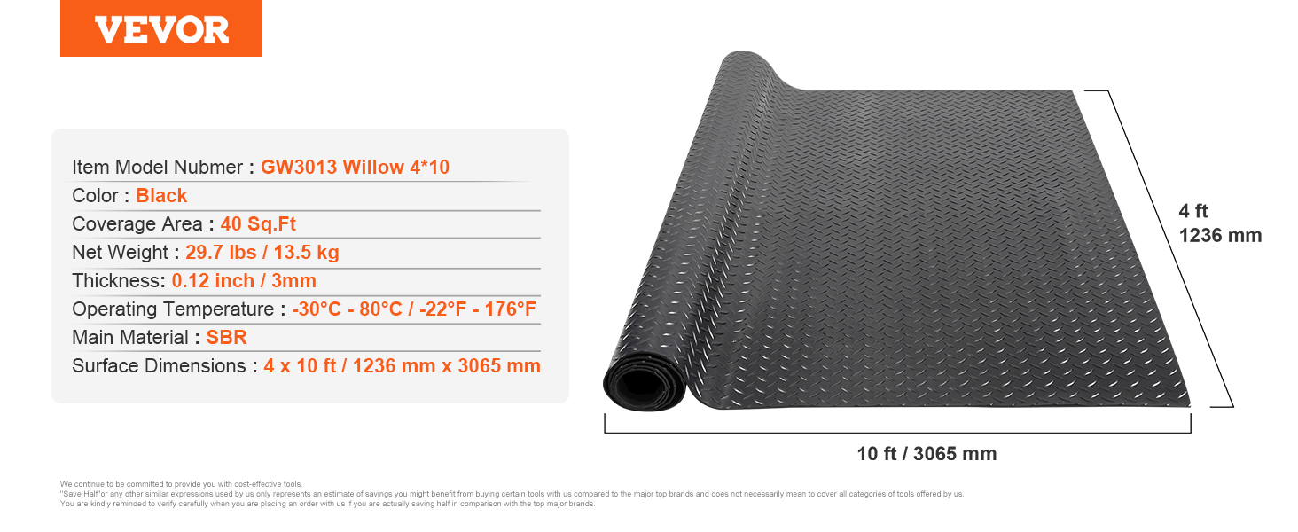 VEVOR diamond-plate rubber flooring roll, black, 4x10ft, 0.12in thick, 40 sq.ft. coverage.