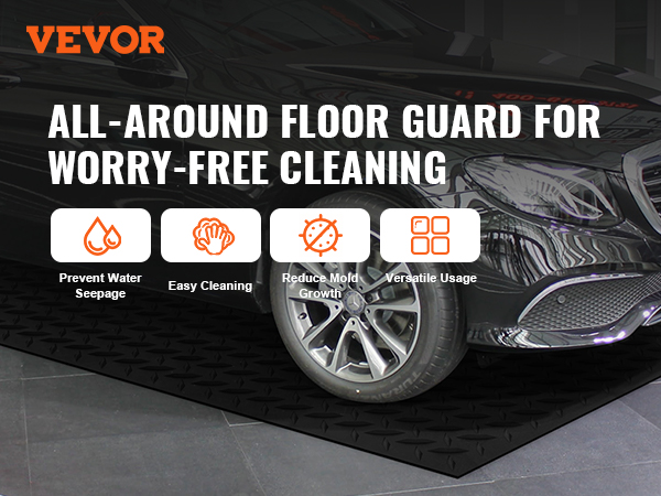 VEVOR diamond-plate rubber flooring roll under black vehicle with key benefits: water seepage prevention, easy cleaning