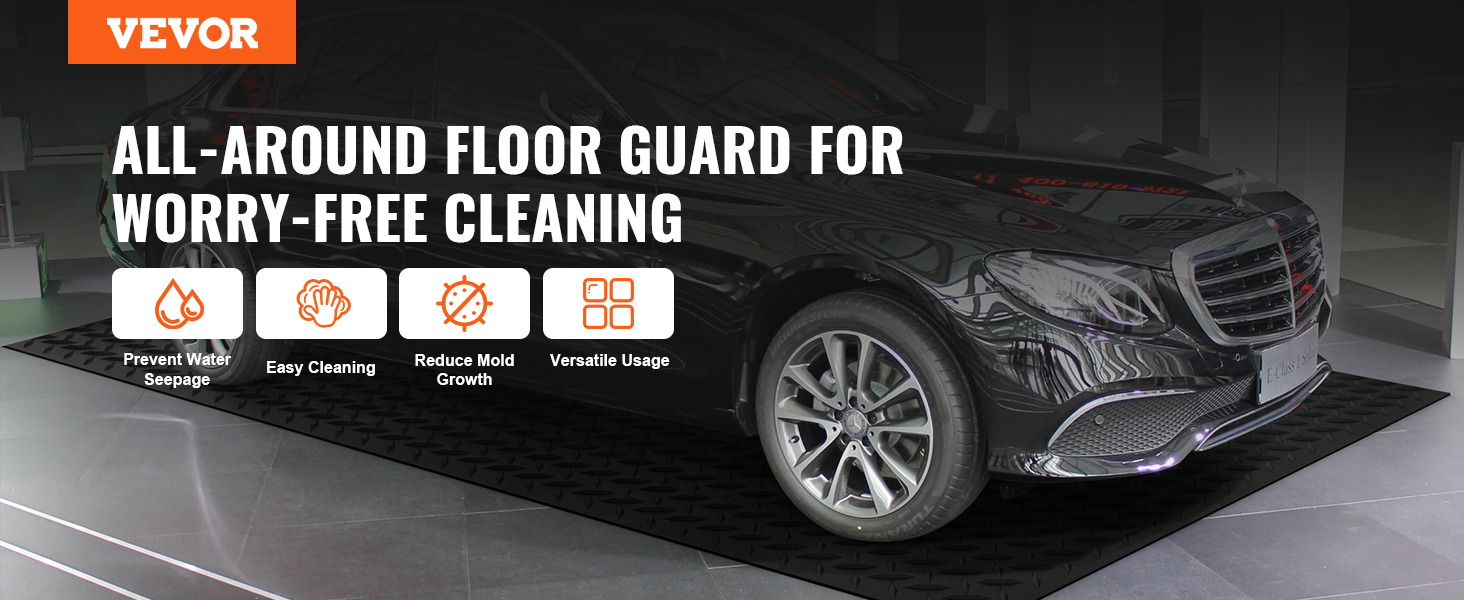 VEVOR diamond-plate rubber flooring roll under black vehicle with key benefits: water seepage prevention, easy cleaning