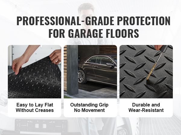 VEVOR diamond-plate rubber flooring roll for garage floors, easy to lay, no movement, durable.