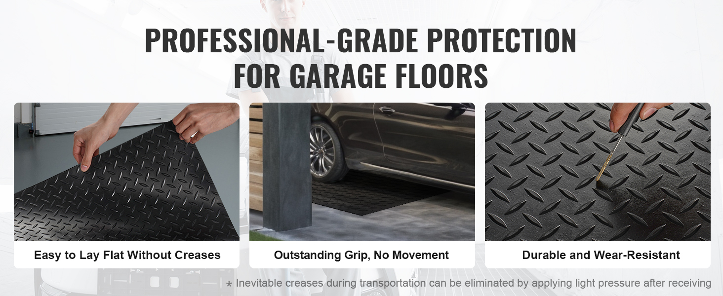 VEVOR diamond-plate rubber flooring roll for garage floors, easy to lay, no movement, durable.