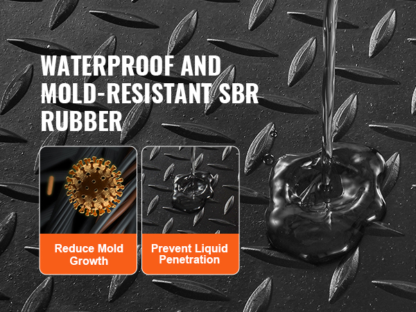 VEVOR diamond-plate rubber flooring roll, waterproof and mold-resistant sbr rubber with anti-mold properties.