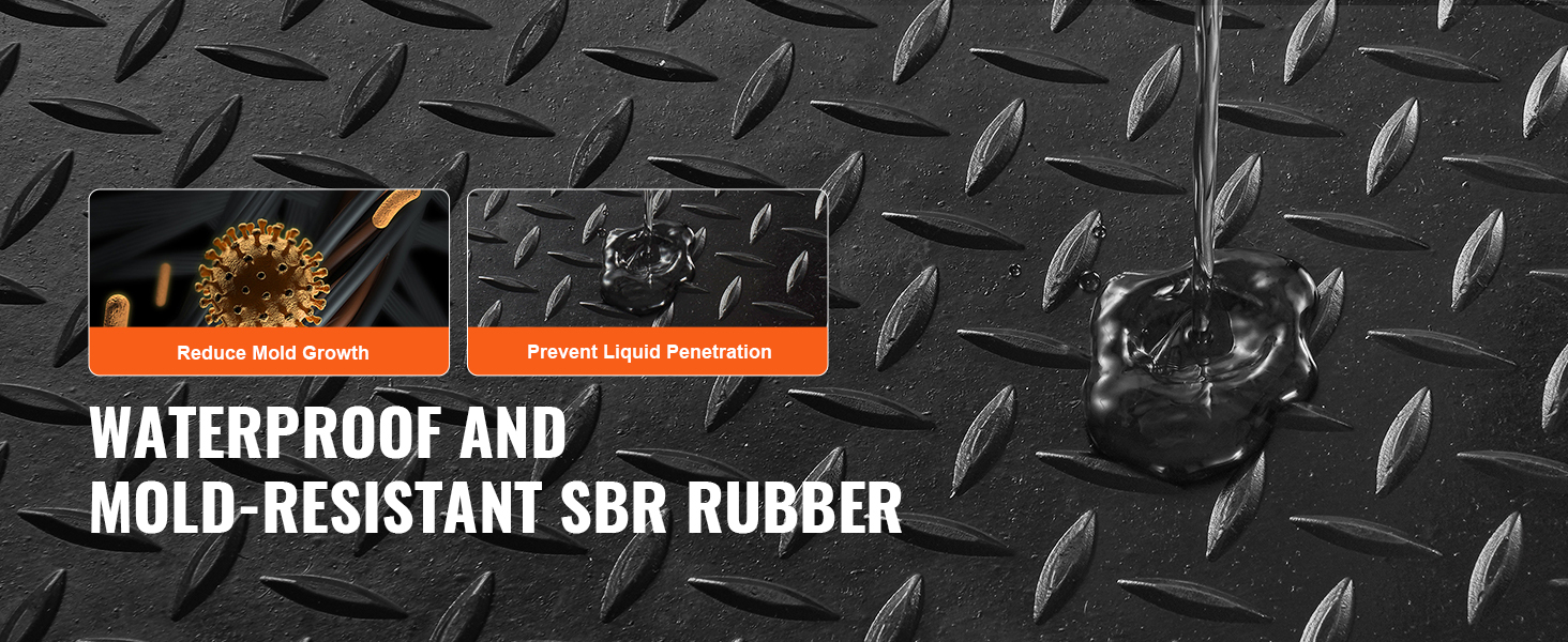 VEVOR diamond-plate rubber flooring roll, waterproof and mold-resistant sbr rubber with anti-mold properties.