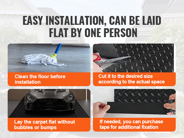 effortless installation of VEVOR diamond-plate rubber flooring roll. steps: clean, cut, lay, tape.