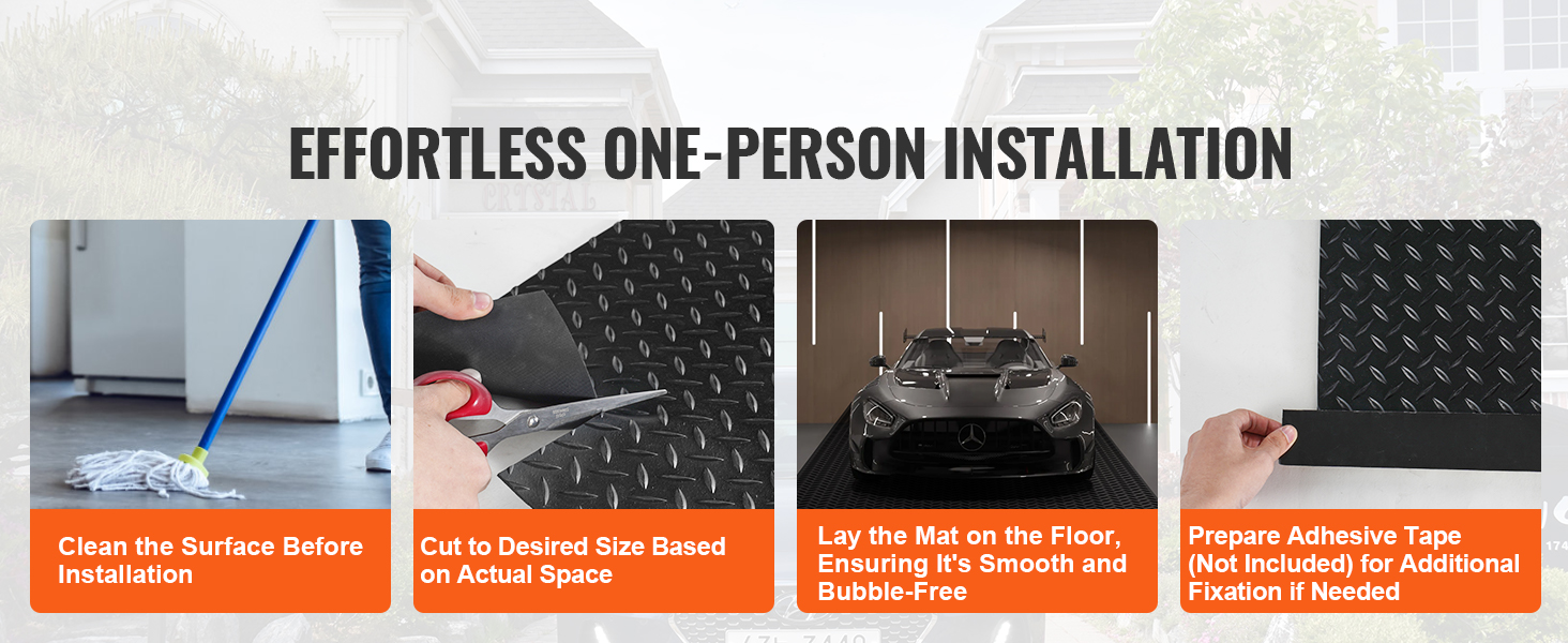 effortless installation of VEVOR diamond-plate rubber flooring roll. steps: clean, cut, lay, tape.