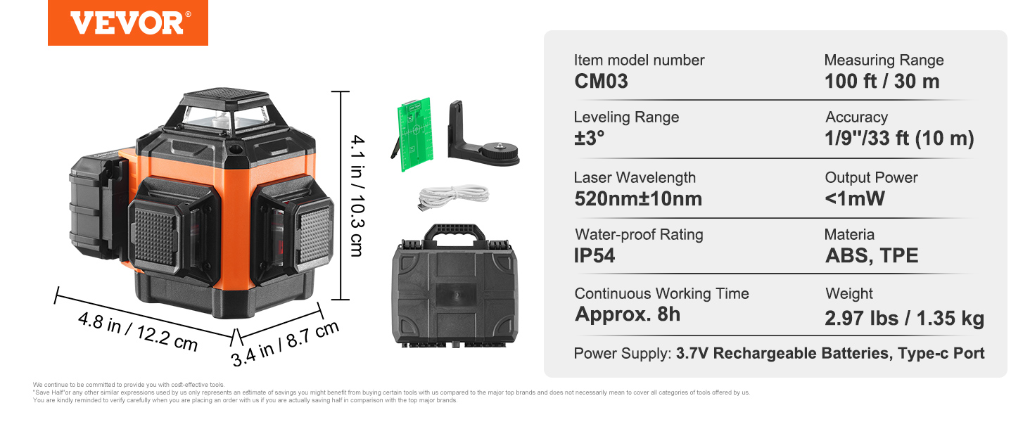VEVOR laser level with 100 ft range, 520nm wavelength, ip54 rating, and abs/tpe material.