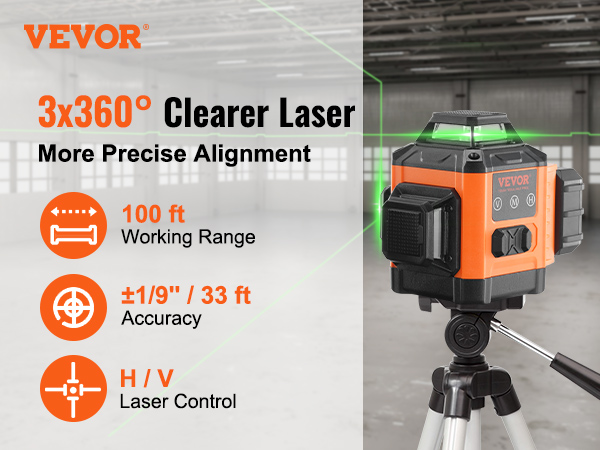 VEVOR laser level with 3x360° coverage, 100 ft working range, ±1/9" accuracy, h/v laser control.