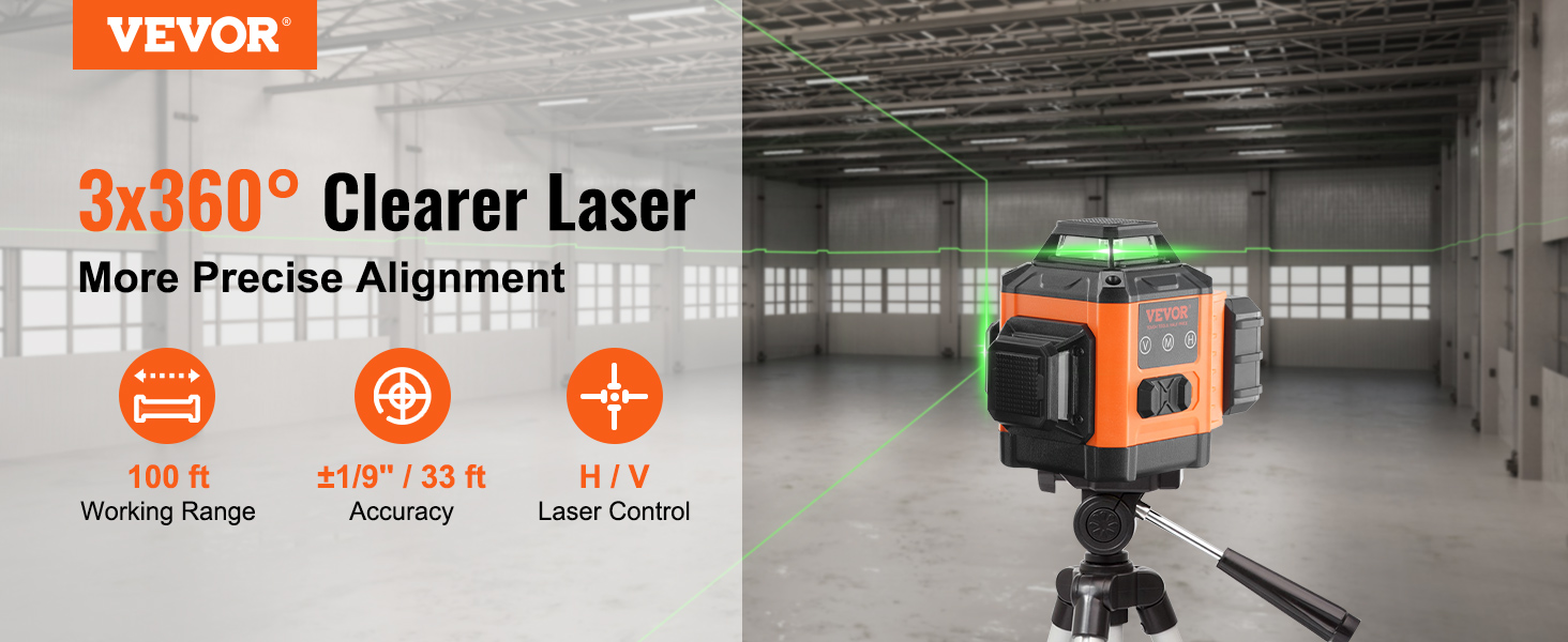 VEVOR laser level with 3x360° coverage, 100 ft working range, ±1/9" accuracy, h/v laser control.