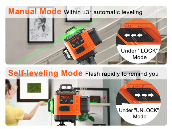 VEVOR laser level with manual and self-leveling modes, detailed lock and unlock buttons.