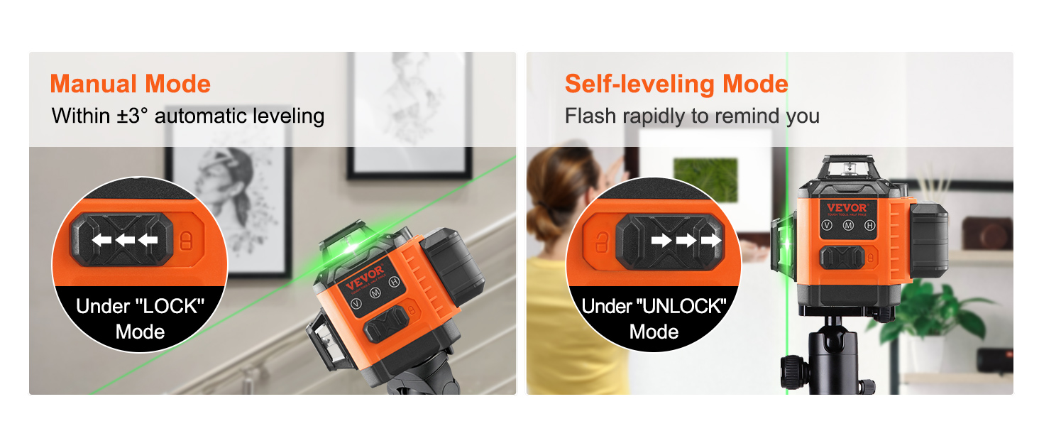 VEVOR laser level with manual and self-leveling modes, detailed lock and unlock buttons.