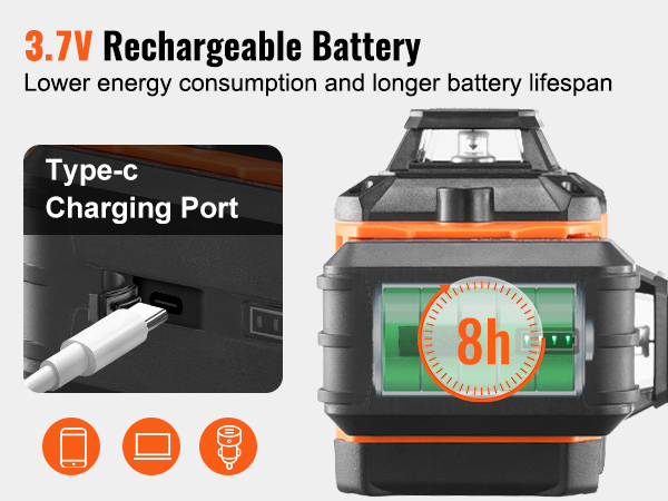 3.7v rechargeable battery with type-c charging port showing 8h duration for VEVOR laser level.
