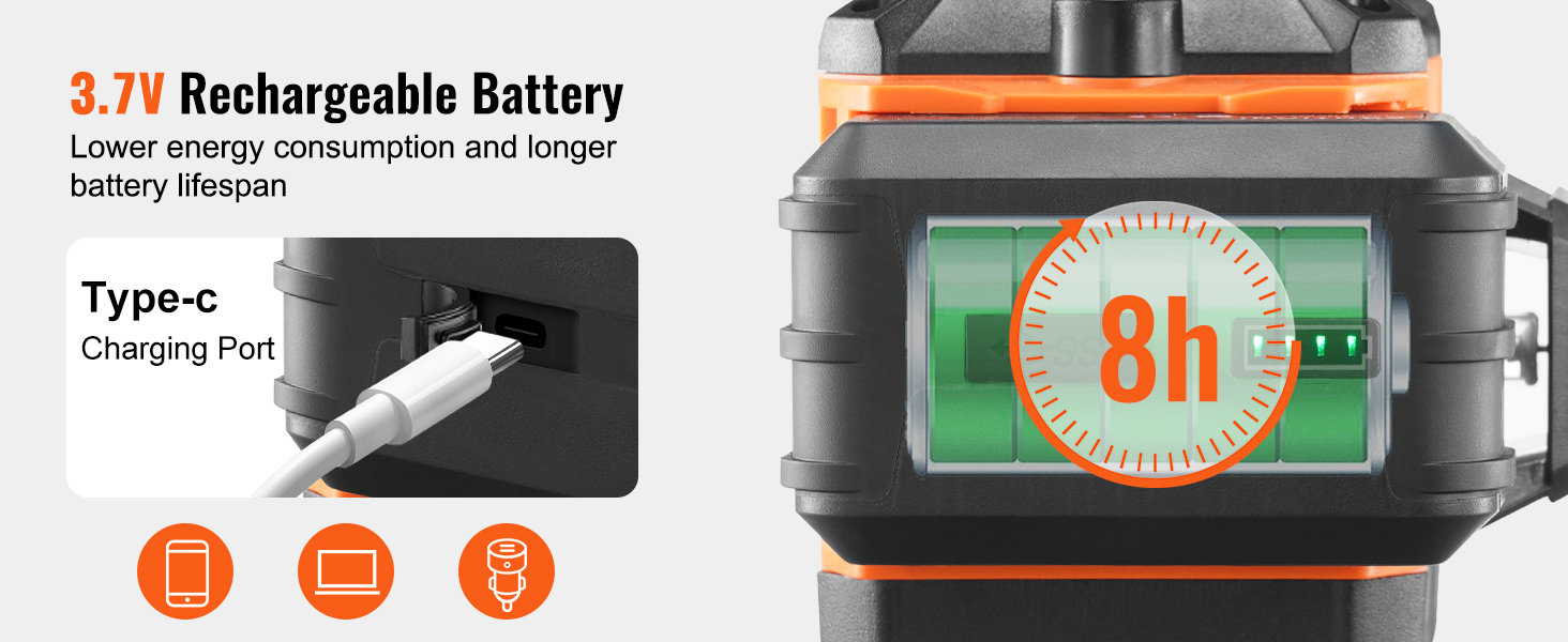 3.7v rechargeable battery with type-c charging port showing 8h duration for VEVOR laser level.