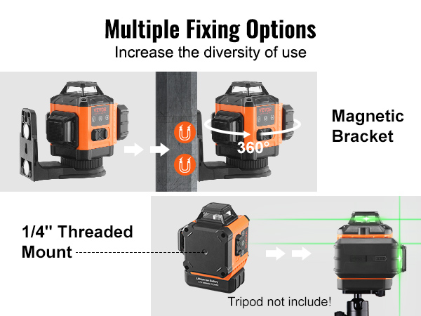 VEVOR laser level with magnetic bracket and 1/4" threaded mount for multiple fixing options.