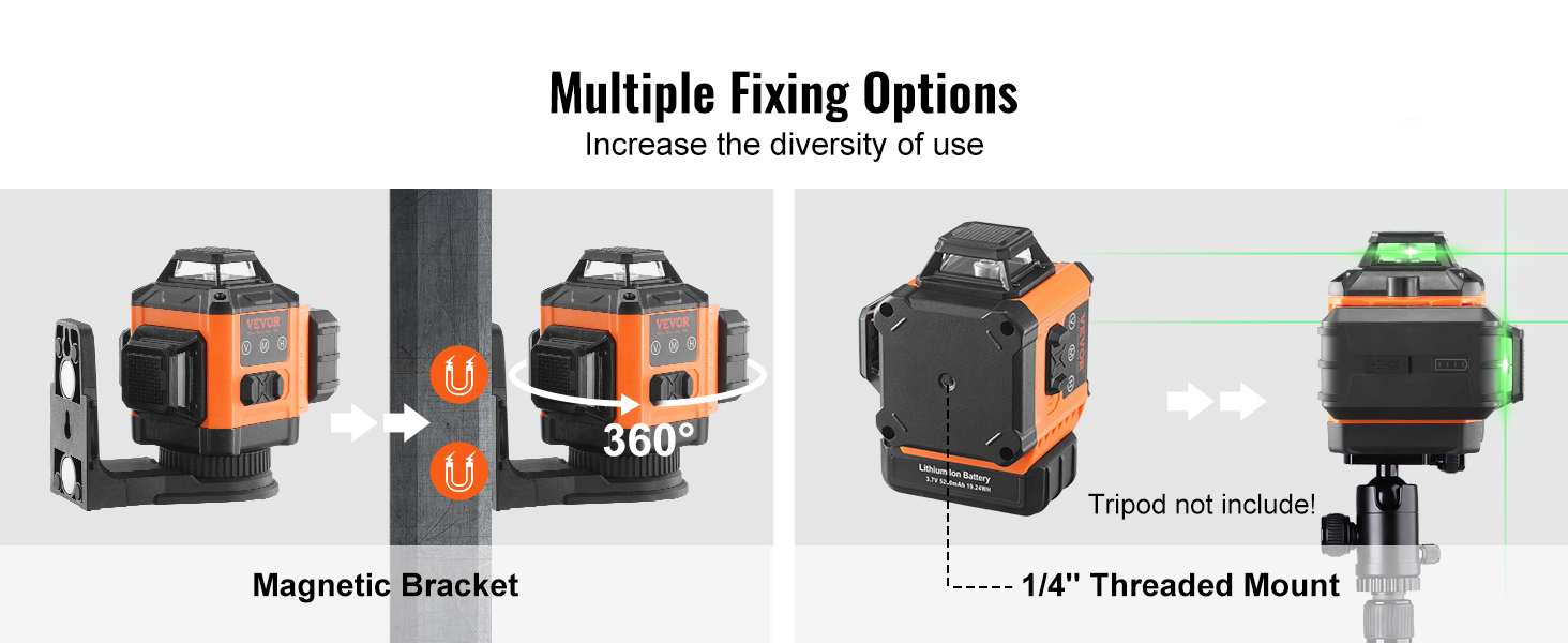 VEVOR laser level with magnetic bracket and 1/4" threaded mount for multiple fixing options.