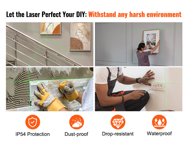 VEVOR laser level enhances diy with ultimate precision for hanging pictures, tiling, and electrical work.
