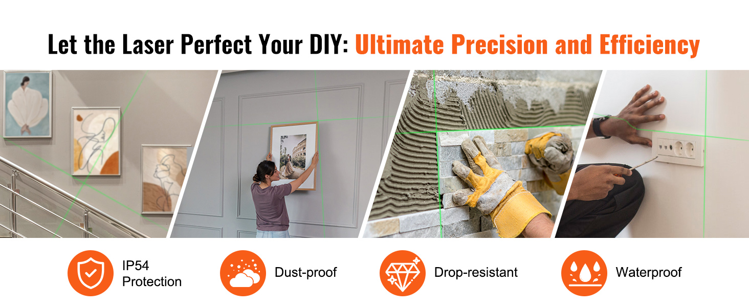 VEVOR laser level enhances diy with ultimate precision for hanging pictures, tiling, and electrical work.