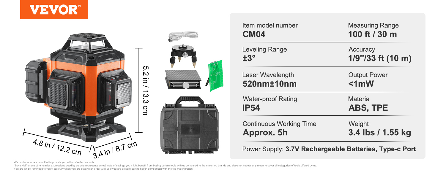 VEVOR laser level 100ft with cm04 model, accessories, dimensions, and product specifications.