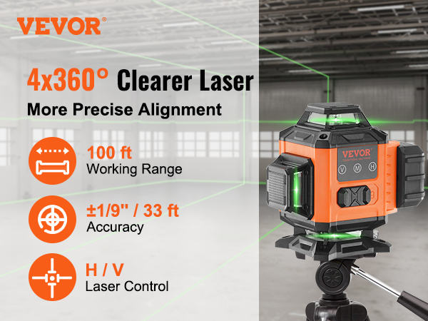 VEVOR laser level 100ft with 4x360° coverage, green lines, in a large industrial space.