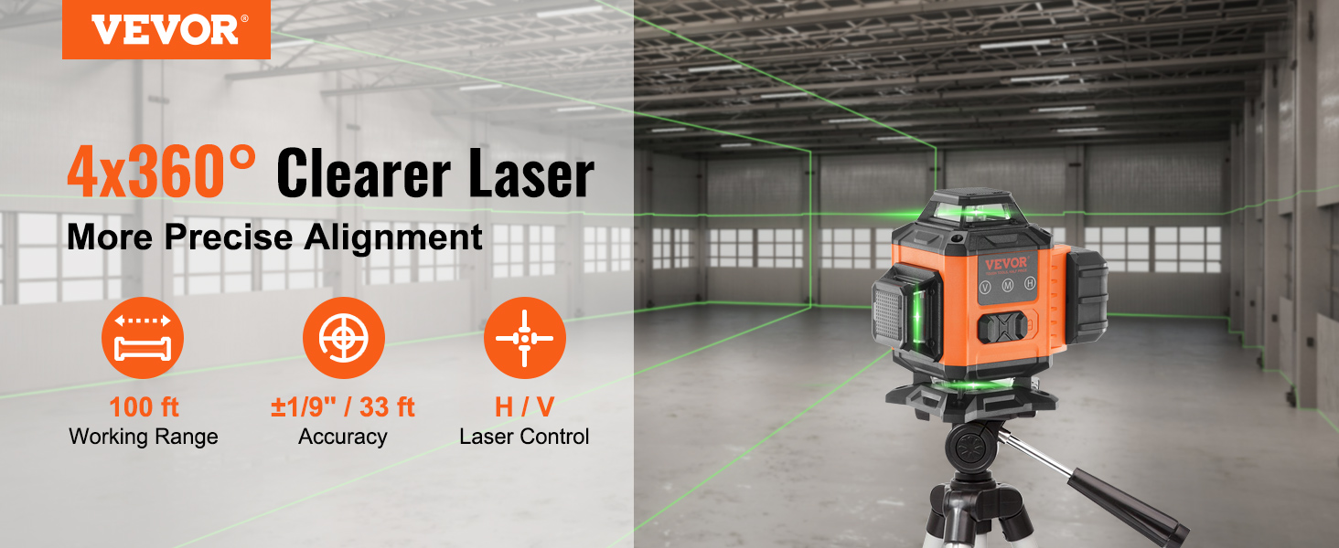 VEVOR laser level 100ft with 4x360° coverage, green lines, in a large industrial space.