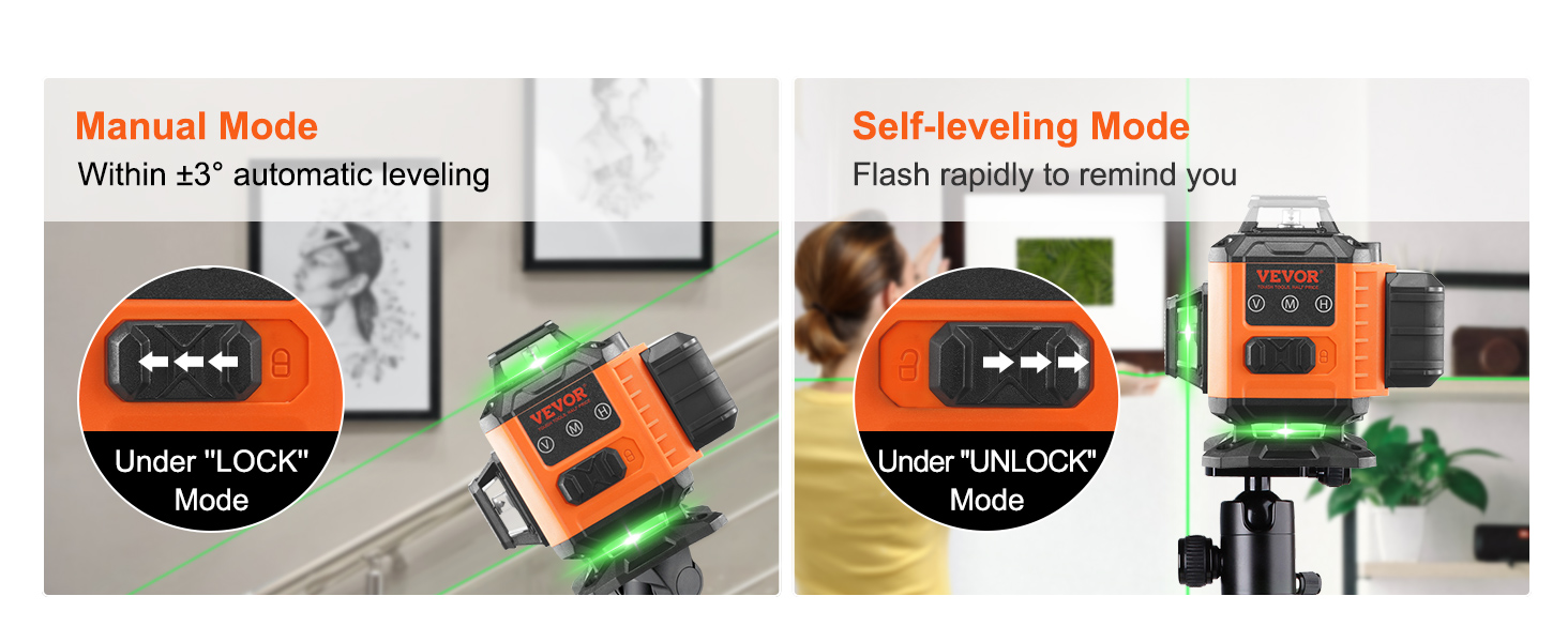 VEVOR laser level 100ft showcasing manual and self-leveling modes with green laser beams.