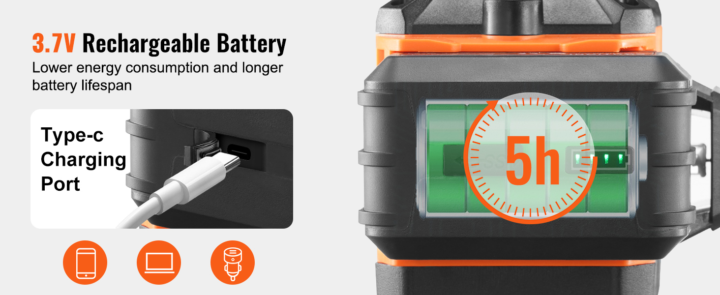VEVOR laser level 100ft with 3.7v rechargeable battery and type-c charging port, lasts 5 hours.