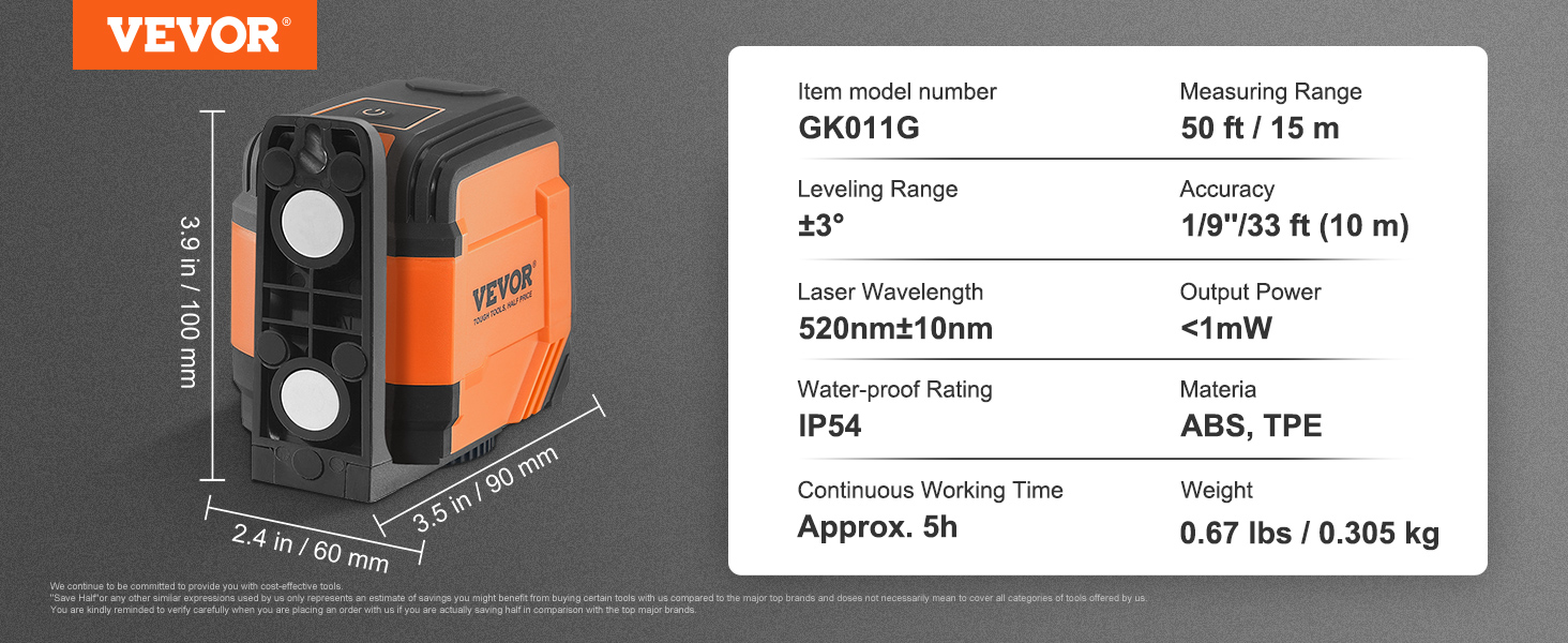 VEVOR laser level gk011g, 50ft/15m range, ip54 rating, 520nm wavelength, 0.67lbs, 5h continuous work.