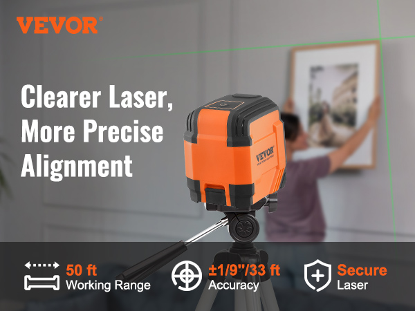 VEVOR laser level in use, highlighting 50 ft working range and ±1/9" accuracy for precise alignment.