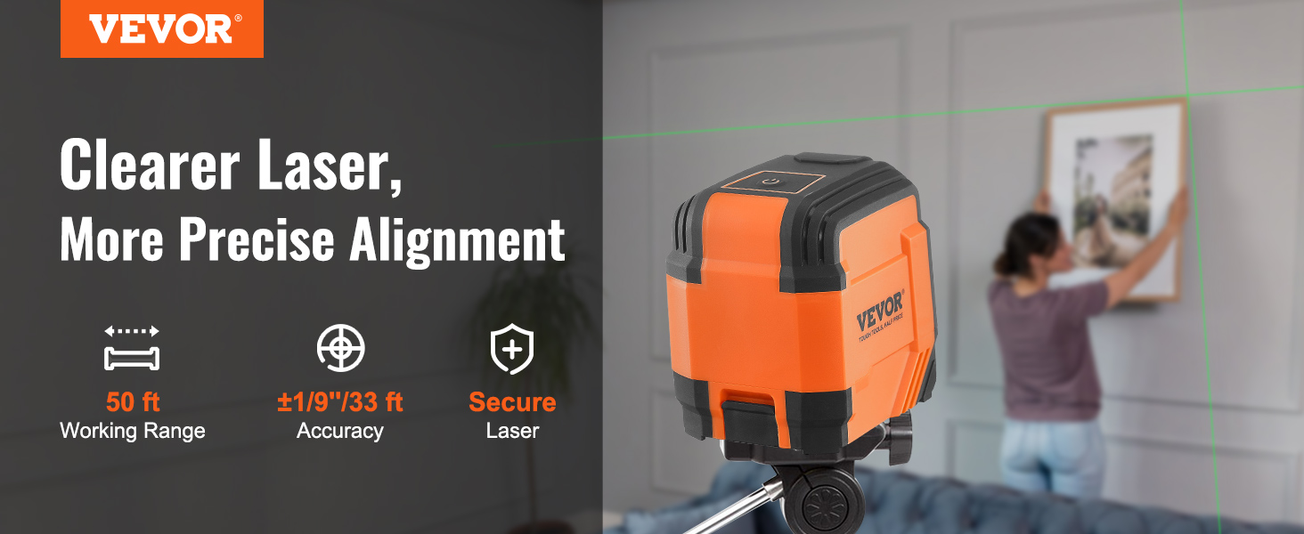 VEVOR laser level in use, highlighting 50 ft working range and ±1/9" accuracy for precise alignment.
