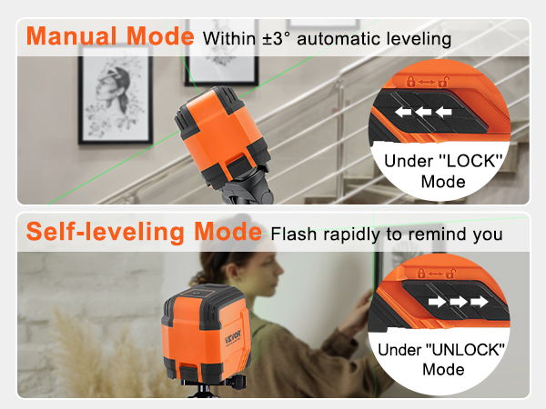 VEVOR laser level in manual mode within ±3°, automatic leveling, and self-leveling mode with rapid flash.