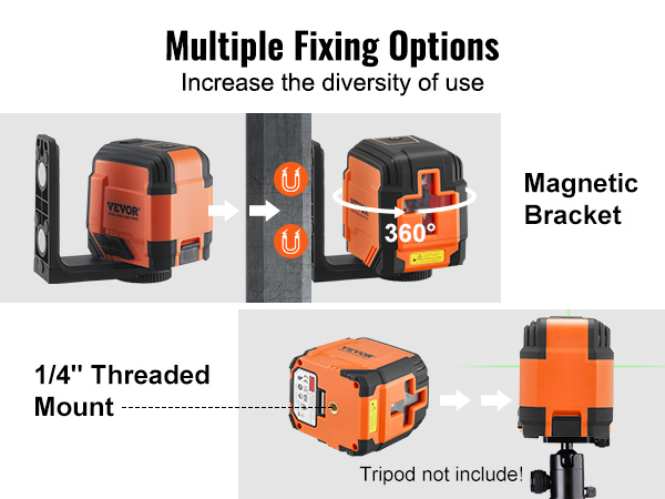 VEVOR laser level with magnetic bracket and 1/4" threaded mount for versatile fixing options.