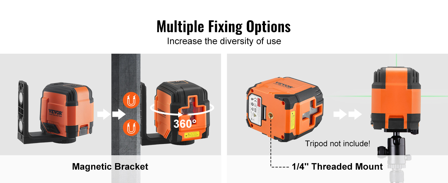 VEVOR laser level with magnetic bracket and 1/4" threaded mount for versatile fixing options.